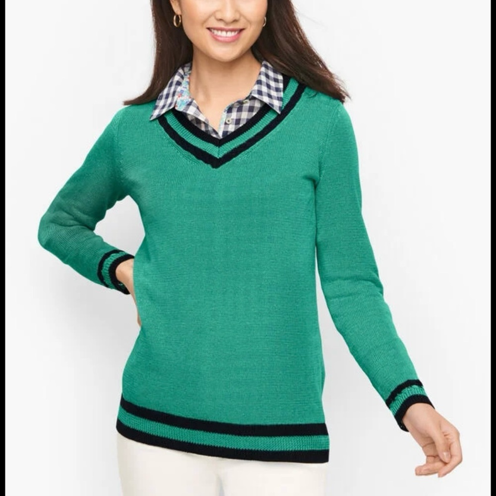 Talbots Size MP Linen Knit Green V-Neck Sweater with Navy Trim Academia Preppy